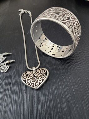 Brighton Silver-Tone Heart Pendant Necklace and Bangle Set
